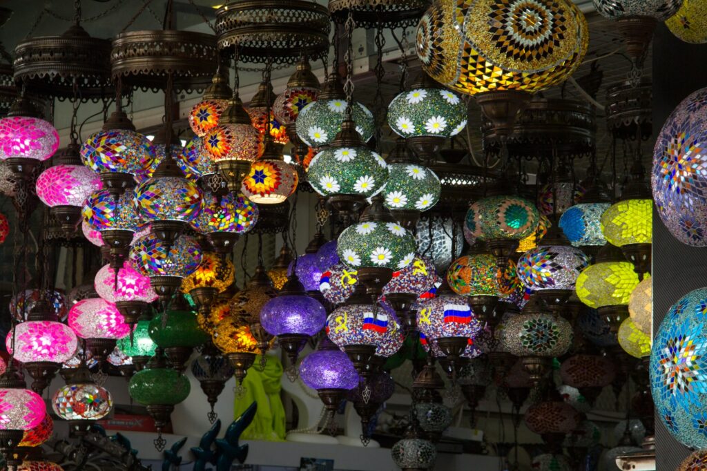 Colored glass lanterns. Turkish glass lanterns at the bazaar