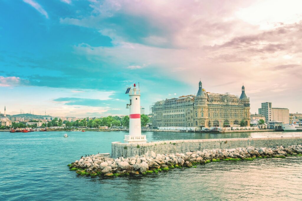 Haydarpasa train station and Lighthouse in Kadikoy Istanbul. Historical building in restoration