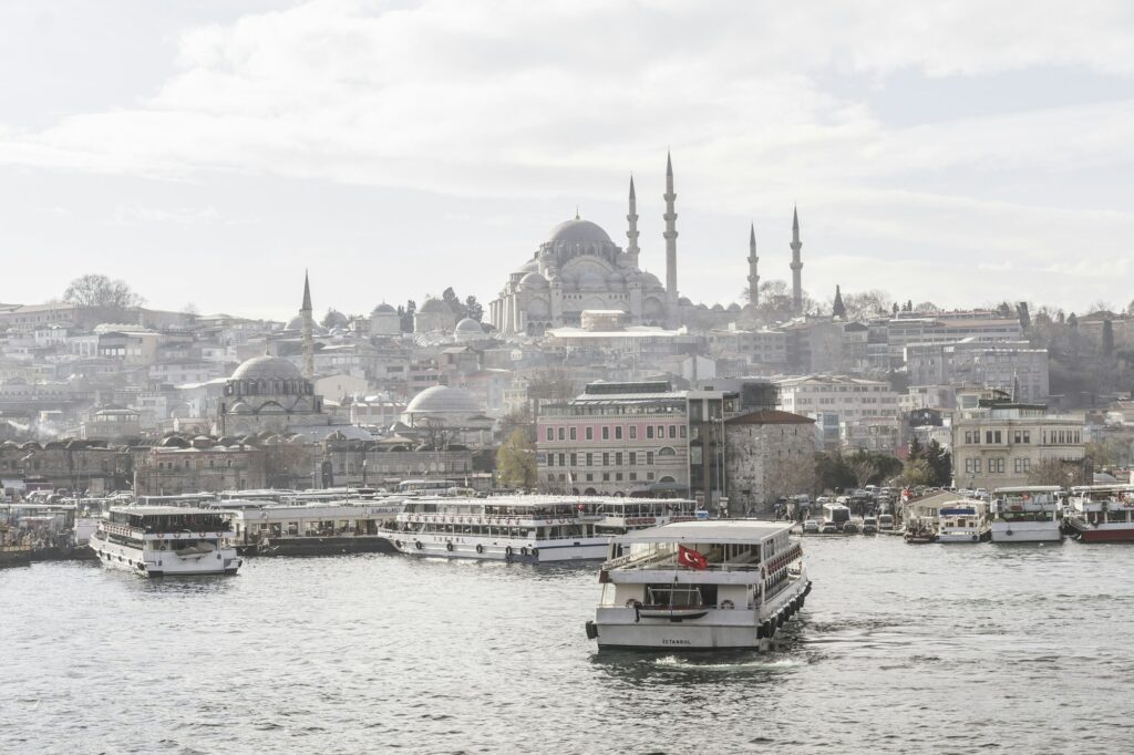 Turkey, Istanbul, Cityview with Suleymaniye Mosque, ships at Golden Horn